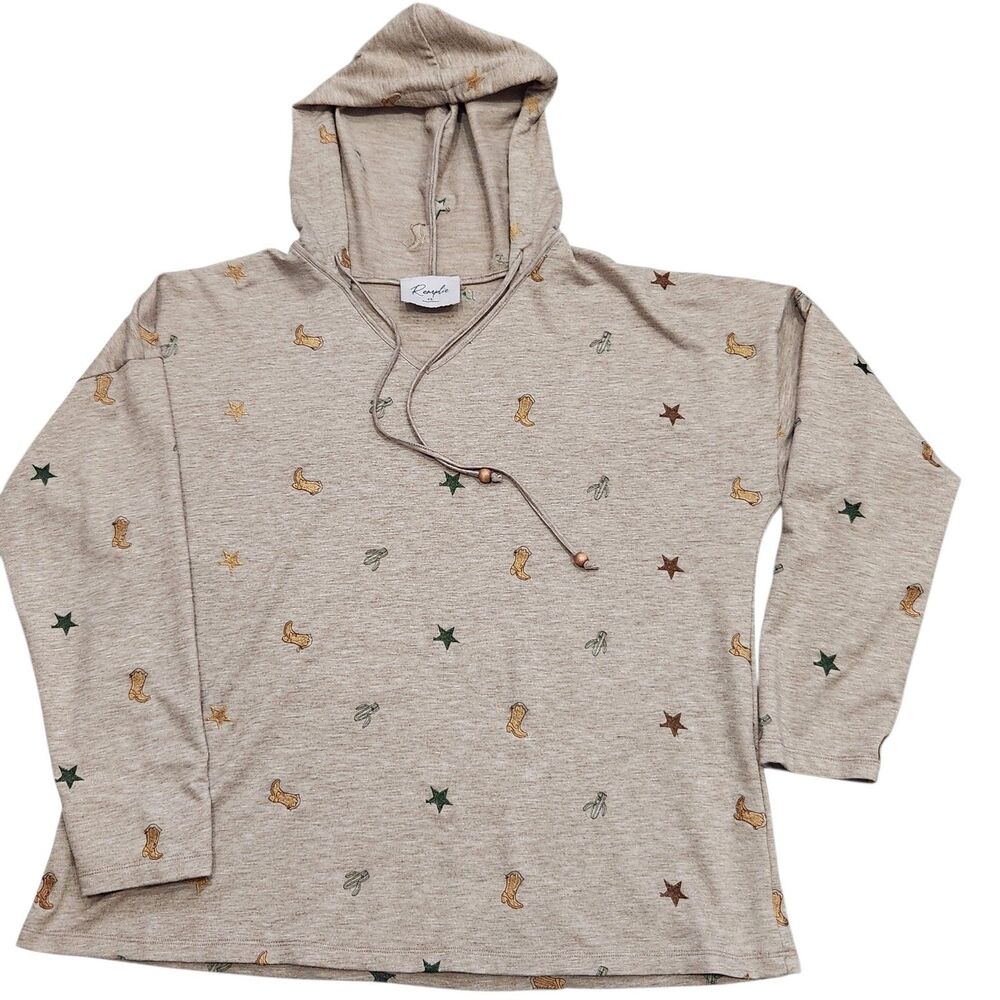 Remplie Plus 2X Boho Western Embroidered Lightweight Hoodie Tan Soft Stretch